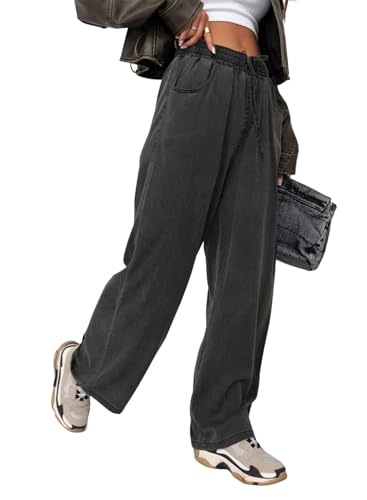 Sidefeel Women's High Waisted Wide Leg Jeans 2024 Summer Drawstring Denim Pants Black Size 4