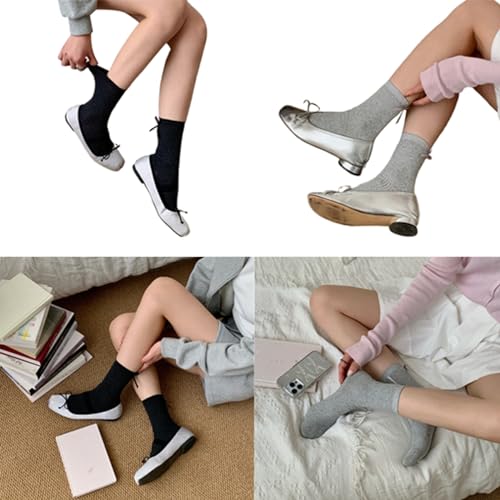 Muloo Women Japanese Style Elegant Cute Bowknot Back Crew Socks Solid Color Ribbed Vertical Striped Middle Tube Cotton Socks, Recommended size 35-422
