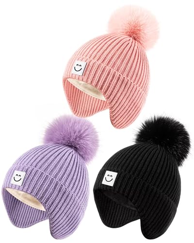 Image of Alepo 3 Pack Baby Winter Hats with Earflaps, 2 Size Kids Pompom Beanie for Toddler Children, Smiley Face Hat for Girls Boys