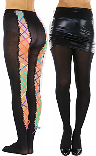 Image of ToBeInStyle Women's Lace Up Back Seam Tights Sheer or Opaque Hosiery Stockings Crisscross Lace Ribbon Zigzag Design