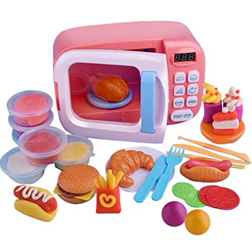 Microwave Kitchen Toy Play Set - Kids Children Pretend Kitchen Fake Food Included with Rotating Effect Light Sound - Great for Toddlers 3 Years +