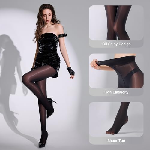 Image of Yilanmy Shiny Sheer Pantyhose for Women Oil Shimmer Tights Silky High Waisted Stockings Dance Jazz Tights