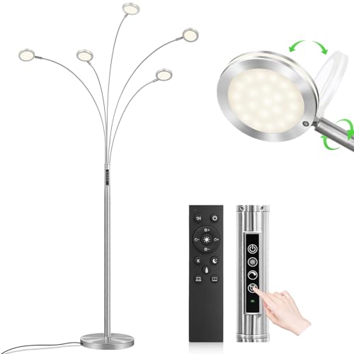 LED Arc Floor Lamp with Remote, 2250LM Dimmable Floor Lamp with Timer, Adjustable Colors, Brightness & 5 Adjustable Arms, Multi-Head Tall Standing Lamp for Living Room Bedroom Office, Satin Nickel