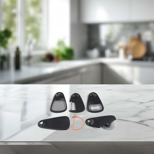 Juego de utensilios de cocina de 5 piezas con pelador, rallador, cortador de pizza, abrebotellas, rallador de queso y chocolate para uso en el hogar, cocina y viajes (negro)