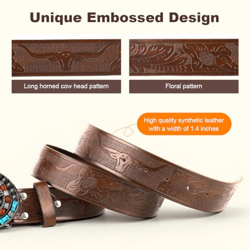 Image of GUSTAVE Belts for Men Western Cowboy PU Leather Men Belt Waist Engraved Waist Belts for Jeans 120cm /47in