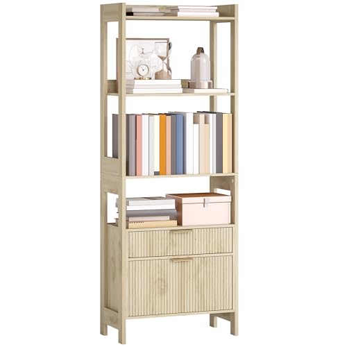 HOMCOM Bibliothèque Haute Moderne, étagère de Rangement avec 4 étagères Ouvertes et 2 tiroirs cannelés, poignées dorées, pour Salon, Chambre, Bureau, Bois...