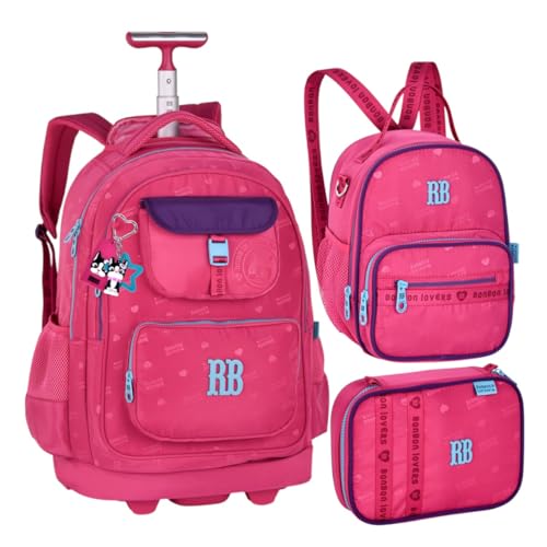 Rebecca Bonbon Kit Mochila Escolar com Rodinha, Lancheira e Estojo RB, 3 Peças, Bonbon Lovers (Rosa)