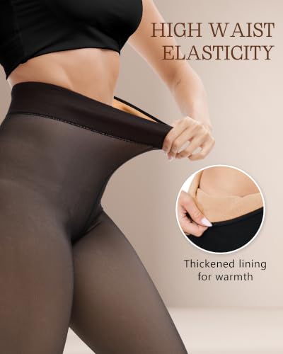 Image of HONGTEYA 2 Pairs Fleece Lined Tights Women - Warm Sheer Pantyhose Fake Translucent Tights Winter Thermal Leggings
