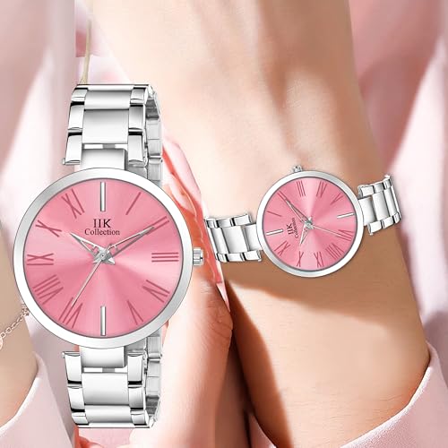 IIK COLLECTION Watches for Women Round Studded Dial | Quartz Movemnet |Long Battery Life|Stainless Steel Bracelet Chain Strap|Double Lock Clasp Safety Watches for Girls