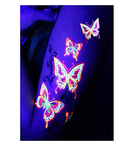 Temporary Tattoos – 1 Sheet Butterfly Design Body Paint Art Blacklight Reactive Light Festival Accessories Glow In The Dark Party Supplies | 7.2” X 5.2” Temp Great For Edm Edc Party Rave Parties #TOP1