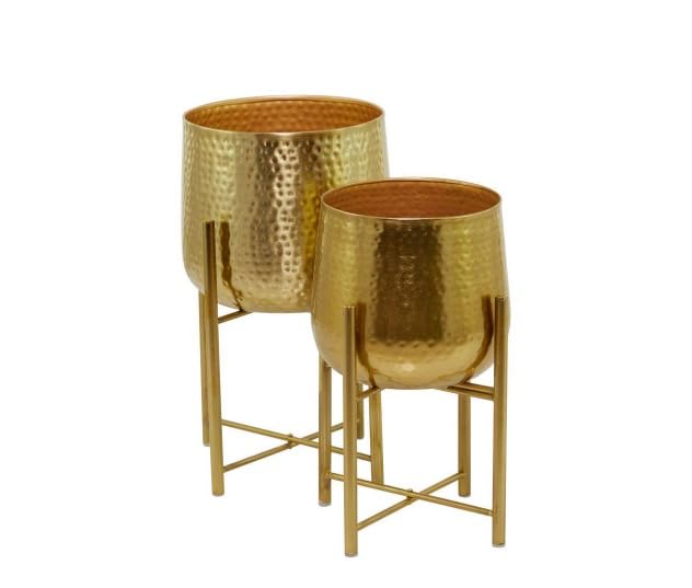 Image of Round Shape Metal Indoor & Outdoor Large Golden Planter Pot for Living Room Bedroom & Interior Balcony Sets of 2