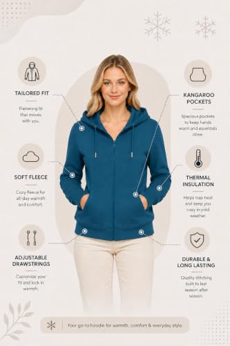 Image of HOODLIFE Women's Zip-Up Hoodie Sweatshirt - Soft Cotton Fleece Jacket with Hood, Full Zipper, Kangaroo Pocket, Casual Winter Hoodie for Women