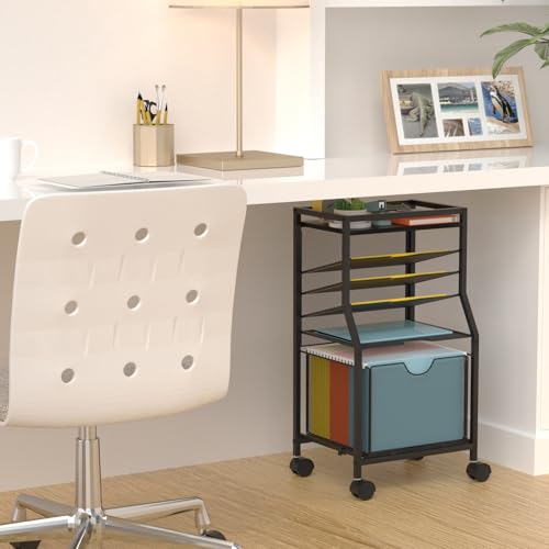 BOHDK Rolling File Cart, 6-Tier Under Desk Organizer on Lockable Wheels, Black Wood Planks & Mesh File Cart with Sliding Drawer and Paper Trays for Office Home School, 14.8\" L x 11.8\" D x 27.7\" H