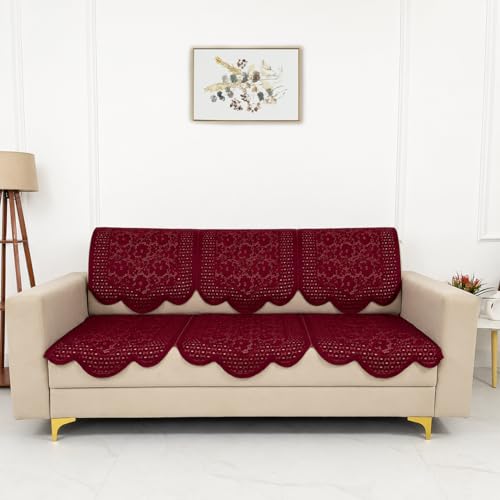 Image of Homerz Premium 'Surya Series' Sofa Cover | Stylish Sofa Protector | Net Fabric | Anti-Stain & Washable Slip Cover Exact Size Antislip (Flower Valley Maroon, 6 (3+2+1) Seater, Seat Cover with Backrest)