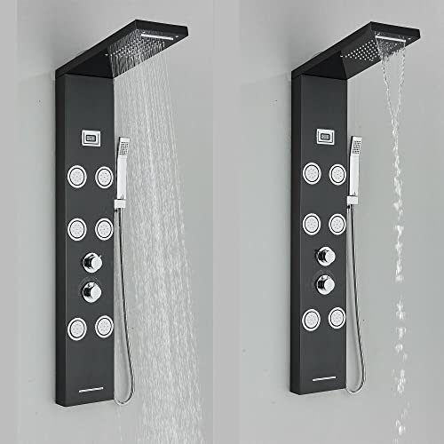 Panel de ducha de torre de acero inoxidable con sistema de lluvia, cascada y masaje corporal con chorros miniatura 2