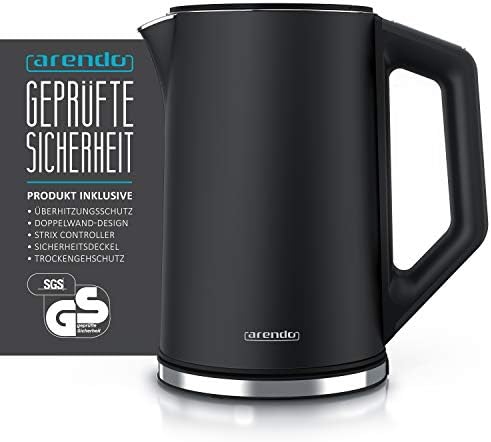 Bild 1 - Arendo - Edelstahl Wasserkocher mit Temperatureinstellung 40-100 Grad in 5er Schritten - Doppelwand Design - Modell ELEGANT - 1,5 Liter - 2200 W - Teekocher mit Temperaturanzeige - GS - Schwarz