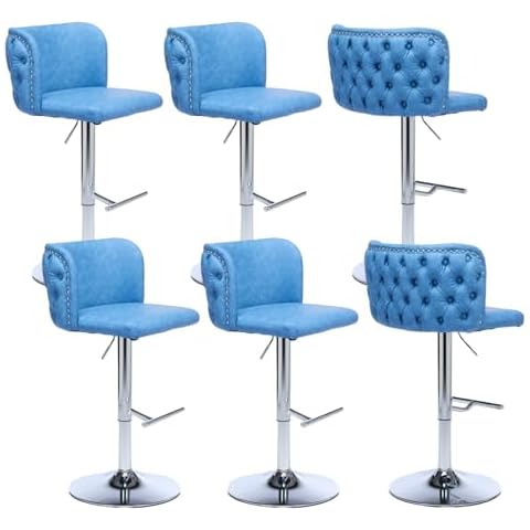 Rhomtree Bar Stools Round Counter Height Bar Chairs Pu Leather Upholstered with Metal Legs Kitchen Breakfast Round Dining Chair for Home Pub and Kitchen Island (Blue with Silver Base, Set of 6) Cover