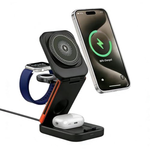 3-en-1 Chargeur sans Fil Pliable 15W, Station de Charge Rapide Compatible avec iPhone 17/16/15/14/13/12, Apple Watch Ultra/SE/10/9/8/7/6/5/4/3/2, AirPods...