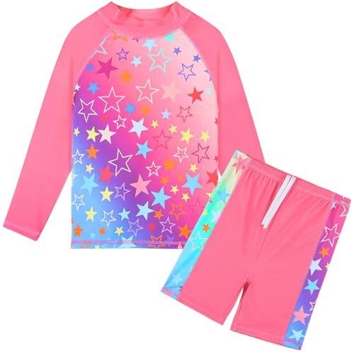 Image of TFJH E Girls Long Sleeve Two Piece Rash Guard Set UPF 50+ 3-13 Y | Stretchy & quick-dry fabric, breathable & lightweight, UPF 50+ sun protection, ideal for pool beach vacation