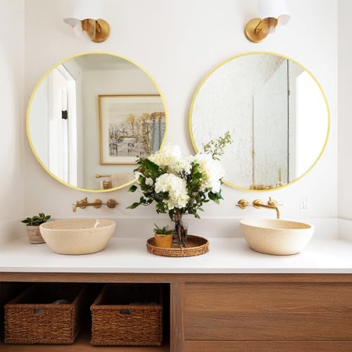 Image of Sunniry Round Mirror 24 inch, 2 Pack Gold Round Mirror with Metal Frame | Aluminum Brushed Metal Frame, High Definition Mirror, No Distortion, Suitable for Bathroom, Bedroom, Entryway, Living Room