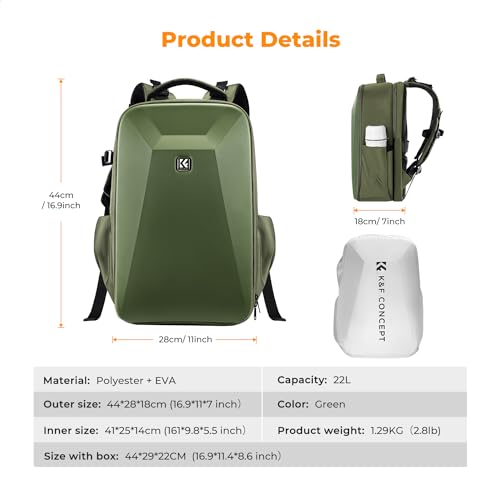K&F CONCEPT Mochila para cámara Bolsa Impermeable a Prueba de Golpes con Compartimento para portátil de 16" Funda rígida para cámara DSLR/SLR/Mirrorless (Verde) - imagen 7