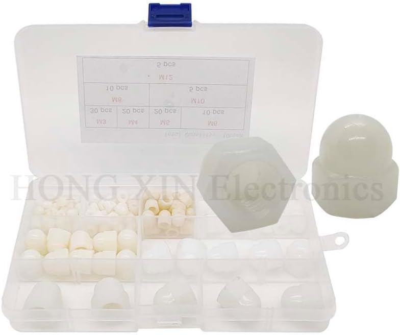100Pcs Hex Acorn Cap Nuts Assortment Kit M3 M4 M5 M6 M8 M10 M12 Nylon Female Thread Bolt Cover Cap Dome Nuts for Protection - (Color: White)