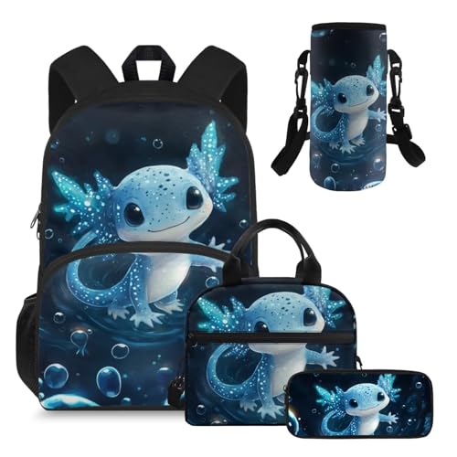 Axolotl Backpack for School Lightweight 15 Inch Bookbag for Girls with Lunch Box Portable Cute Insulated Lunch Bag Small Kids Casual Daycare Bags 4 in 1