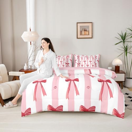 Image of Kawaii Bow Tie Full Size Bed Sheets and Comforter Set | Princess Bow 7-Piece Bedding Set Cute Ribbon Bowknot Bed in a Bag, Dreamy Pink Stripes Bed Sets