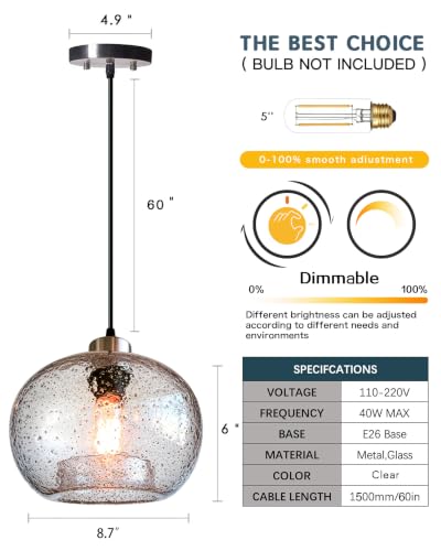 Image of CASAMOTION Handblown Glass Pendant Lighting Drop Ceiling Lights, Modern Rustic Hanging Light Clear Seeded Glass with Black Marble, Brushed Nickel Finish, 8.7 Inch Diameter