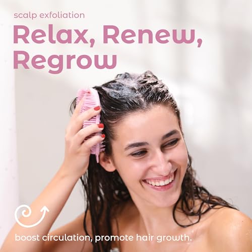 Image of MainBasics Exfoliating Silicone Body Scrubber Pro 2-in-1 Shower Scrubber for Body Care, Silicone Loofah and Scalp Massager (Pale Pink, Body + Scalp)
