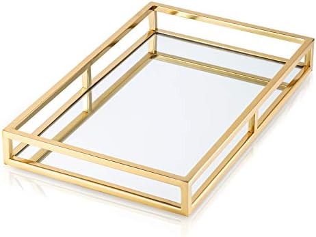 Gold Oblong Decorative Tray with Mirror Base-Vanity Tray-Serving ...