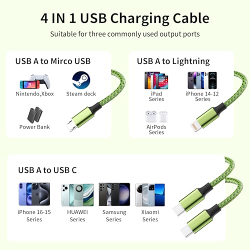 Travel Essentials, Dual Type-C 4 in 1 Charging Cable 2 Pack 5FT Multi Charging Cables for All Devices,iPhone Charger Cord Adapter 2 USB-C/IP/Micro Port for Phones,Pad,Galaxy (Fluorescent green) — view 4