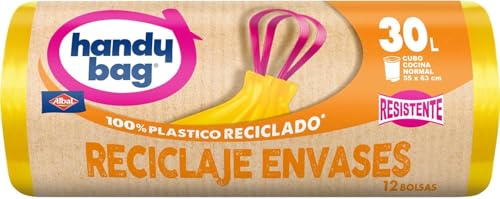 Handy Bag Bolsas de basura Reciclaje Envases   Bolsas para cubo de basura de cocina, resistentes y antigoteo, con cinta autocierre y triple capa, 100% plástico reciclado, 30L, 12 bolsas