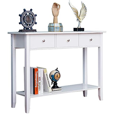 Ansley&HosHo White 3 Drawers Entryway Console Table with Storage Shelf Living Room Wooden Side Sofa Table 100CM Multipurpose Retro Desk for Bedroom Corner Cover