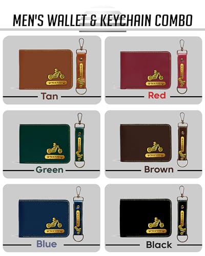 Image of Mens Leather Wallet and Keychain Combo Name Leather Wallet Keychain for Mens Personalized Wallet Keychain Set with Names Keychains for Men | Customised Gift Set for Men with Name & Charm, Blue
