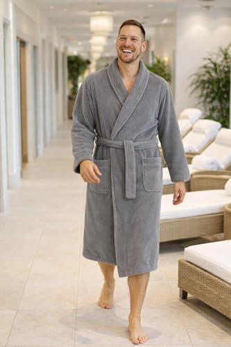ISTANBUL MODEL Mens Hooded Robe, Plush Robes for Men, Long Fur Bathrobe (Gray, XXL)