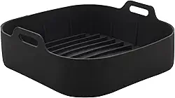Forma de silicone para airfryer, forno, quadrada com alça 20x20cm reutilizável para fritadeira elétrica (Preto)