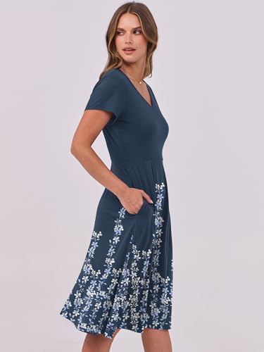 Image of ANRABESS Women Summer Dress Casual Short Sleeve V Neck A-Line Knee Length Pleated Flowy 2026 Fashion Midi Dresses with Pocket