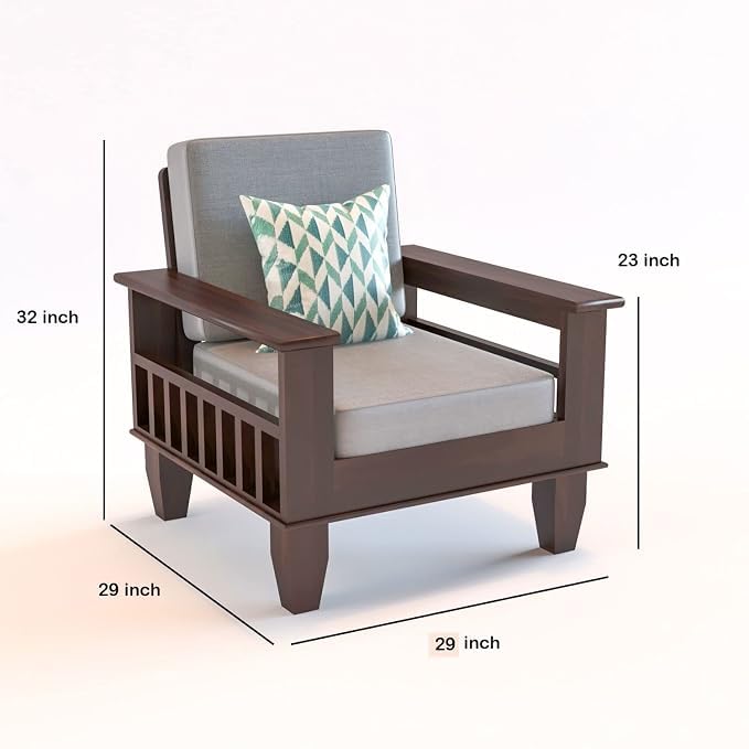 Image of Sheesham Wooden 1 Seater Sofa for Living Room | Rosewood 1 Seater Cushion Sofa with Side Newspaper Holder for Home & Office | Solid Wood Sofa Set for Lounge (Walnut Finish)