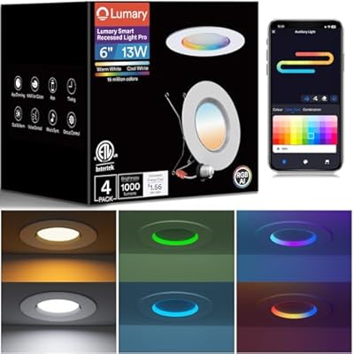 Lumary Smart Retrofit LED Recessed Lighting 6 Inch w/RGB Ring, RGBAI Retrofit Can Light w/Trim, Wi-Fi Bluetooth Direct Connect, 66 Scenes Modes Downlight Work with Alexa Google, ETL 1000Lm, 4 Pack