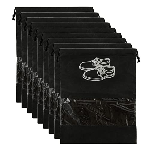 Kuber Industries Shoe Cover for Traveling|Non Woven Drawstring Bag|Shoe Bags for Shoes, Slipper, Heels|Transparent Window|Pack of 9 (Black)