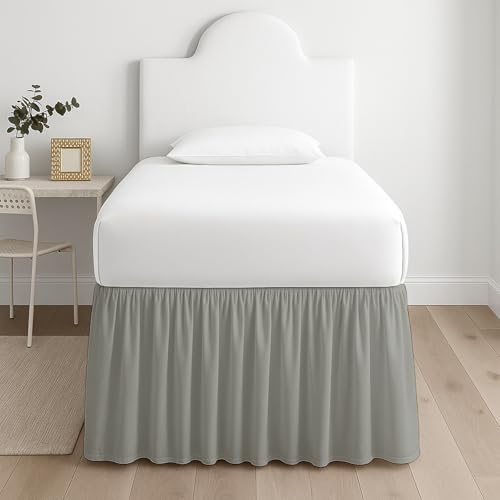 Premium Microfiber College Dorm Room Bed Skirt Full XL 54" x 80", Extended 46" Drop, Split Corner Dust Ruffle, Wrinkle Resistant Durable Easy Care, Light Grey Solid