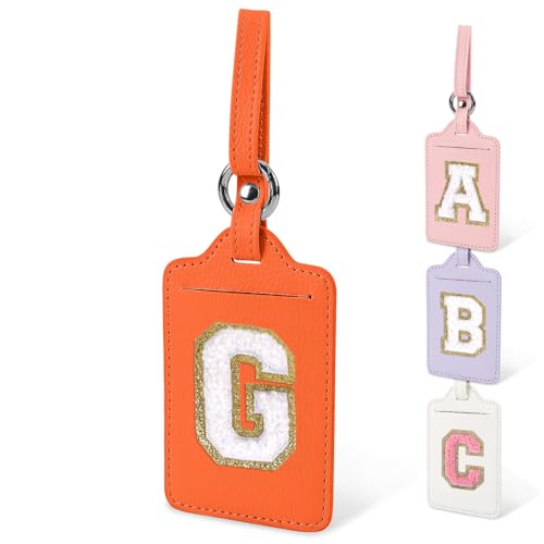 Initial Luggage Tags for Suitcases, Cute Letter Luggage Bag Suitcase Identifier Name Baggage Tag, PU Leather Travel Luggage Tags, Bag Tags for Men Women Kids Luggage Handbags(Orange-White G)