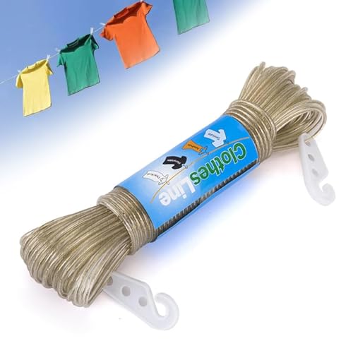20M Washing Line Rope Clothesline with Steel Core, Heavy Duty Laundry Lines with 2 Tensioners, Clothes Drying Rope PVC Covered Clothes Line for Garden, Outdoor, Indoor