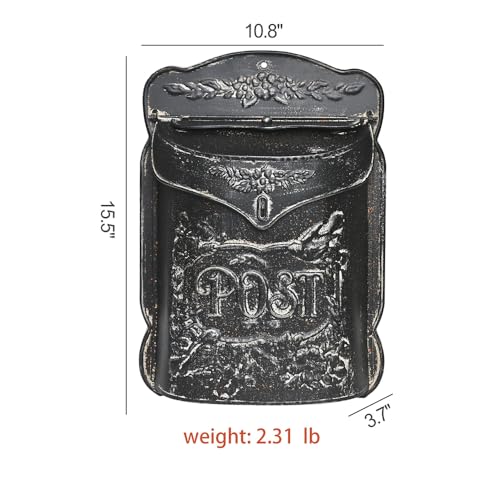 Image of Wall Mount Mailbox for Outside Vintage Mail Boxes for House Outside Metal Door Mailbox Drop Box Antique Style Nostalgic Charm Home Decorative, Flower Pattern, Black