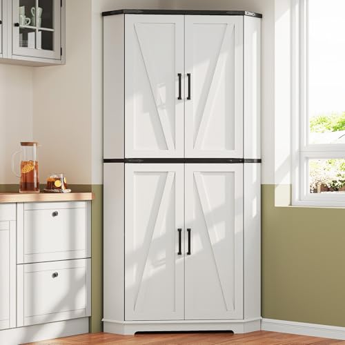 Image of Dripex 71 inch White Corner Pantry Cabinet, Farmhouse Tall Storage Cabinet with Doors, Adjustable Shelves & LED Light, Kitchen Food Cabinet for Living /Dining Room