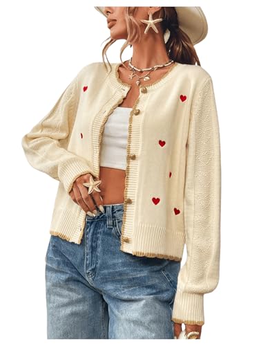 Verdusa Womens Heart Button Up Cardigan Sweaters Casual Fall Knit Outerwear Beige Medium