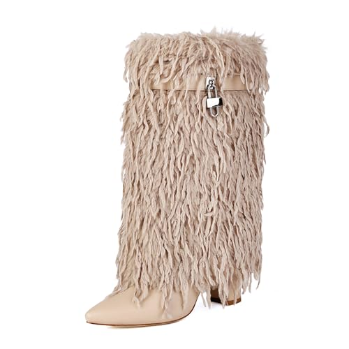 AIJIVOU Women Fold Over Faux Fur Mid Calf Boots Chunky Heel Point Toe Shark Boot Fashion Pull On Short Booties with Padlock
