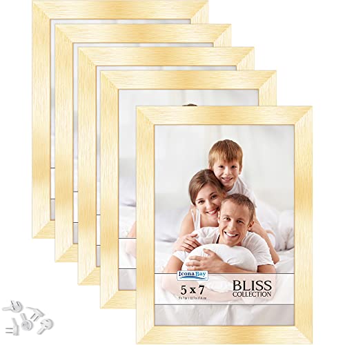 Icona Bay 5x7 Picture Frames, Gold, 5 Pack, Modern Engineered Wood, Bliss