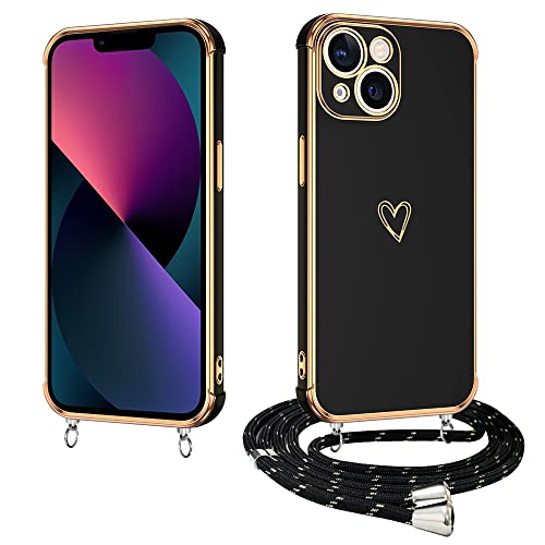 E-Lush Handyhülle für iPhone 12 Hülle mit Band, Handy Hülle für iPhone 12 mit Kette Schutzhülle Herz Love Muster Galvanik Silikon Stossfest Case mit Kordel zum Umhängen Kameraschutz Cover